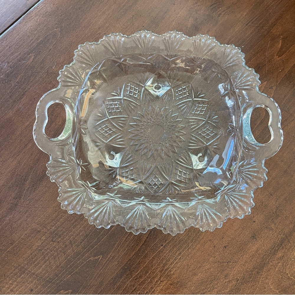 vintage Pasari Indonesia Heavy Pressed Crystal Glass Footed Square Serving Dish